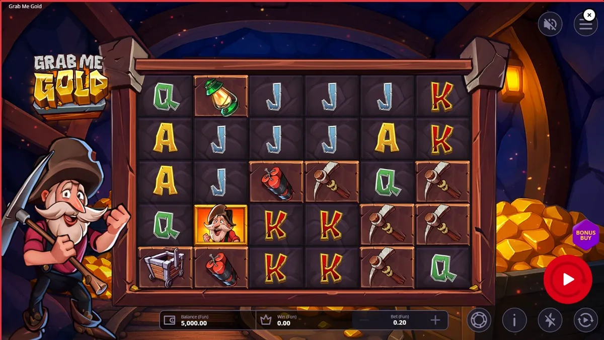 Tampilan visual slot Grab Me Gold dengan tema tambang emas dan simbol-simbol alat pertambangan.